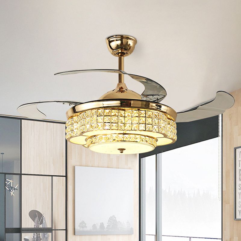 42" W LED Hanging Fan Light Modern Circular Clear Square-Cut Crystals 3 Blades Semi Flush Mount in Gold