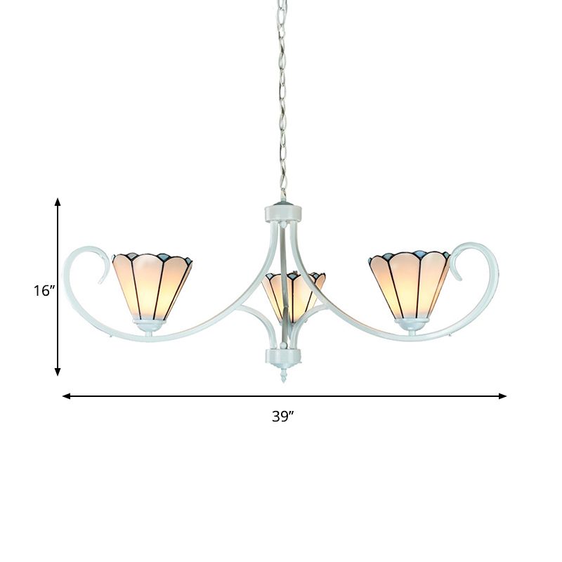 Conical Chandelier Light with Curved Arm 3 Lights White Glass Tiffany Hanging Ceiling Light