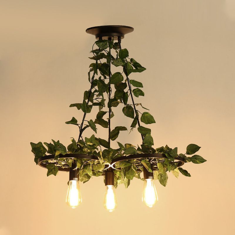 3/6 Heads Plant Ceiling Chandelier with Bare Bulb Metal Industrial Restaurant LED Pendant Light in Green