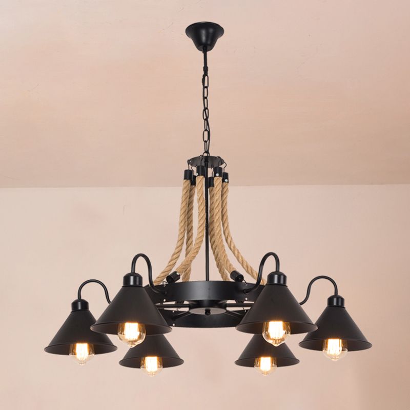 Iron Wheel Chandelier Pendant Light Vintage Restaurant Hanging Light with Hemp Rope in Black