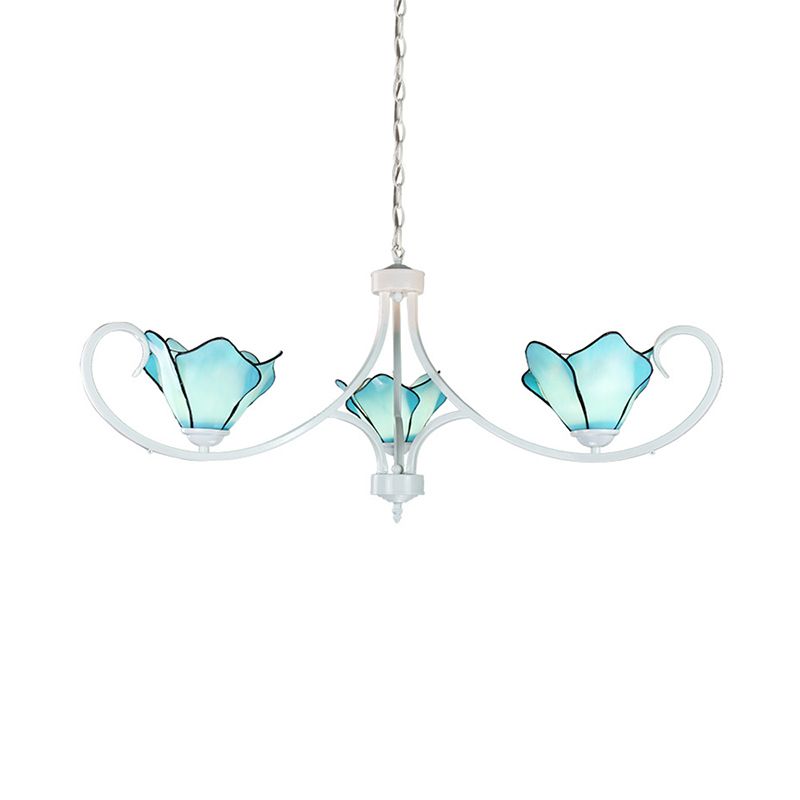 Stained Glass Petal Chandelier Light with Metal Chain Tiffany Rustic 3 Lights Foyer Pendant Light in Blue