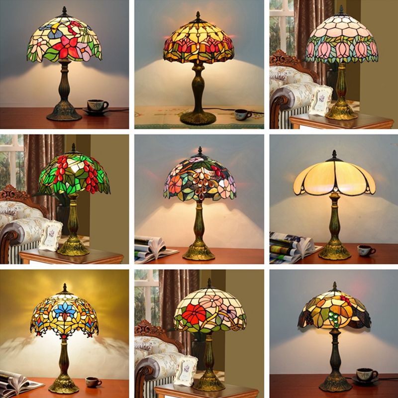 1 Head Table Lamp Decorative Dome Shade Stained Glass Nightstand Light for Living Room