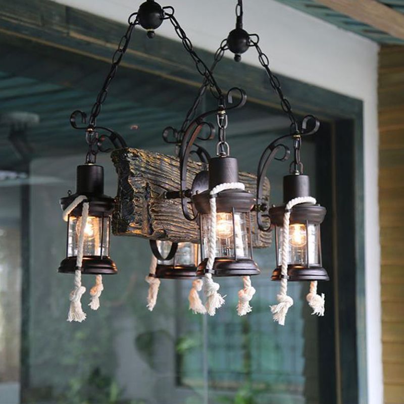 Lámpara de lámpara de vidrio transparente de linterna Industrial 4/6 cabezas de restaurante Luz de techo de restaurante en madera