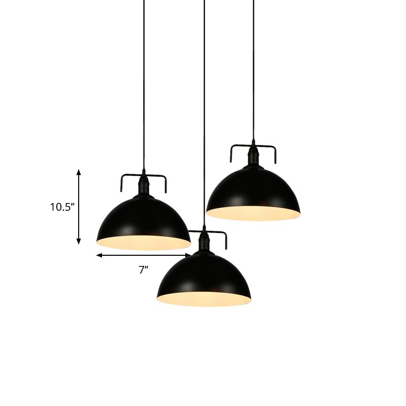 3 Lights Dome Pendant Light Loft Style Black Finish Metal Ceiling Fixture with Linear/Round Canopy and Handle