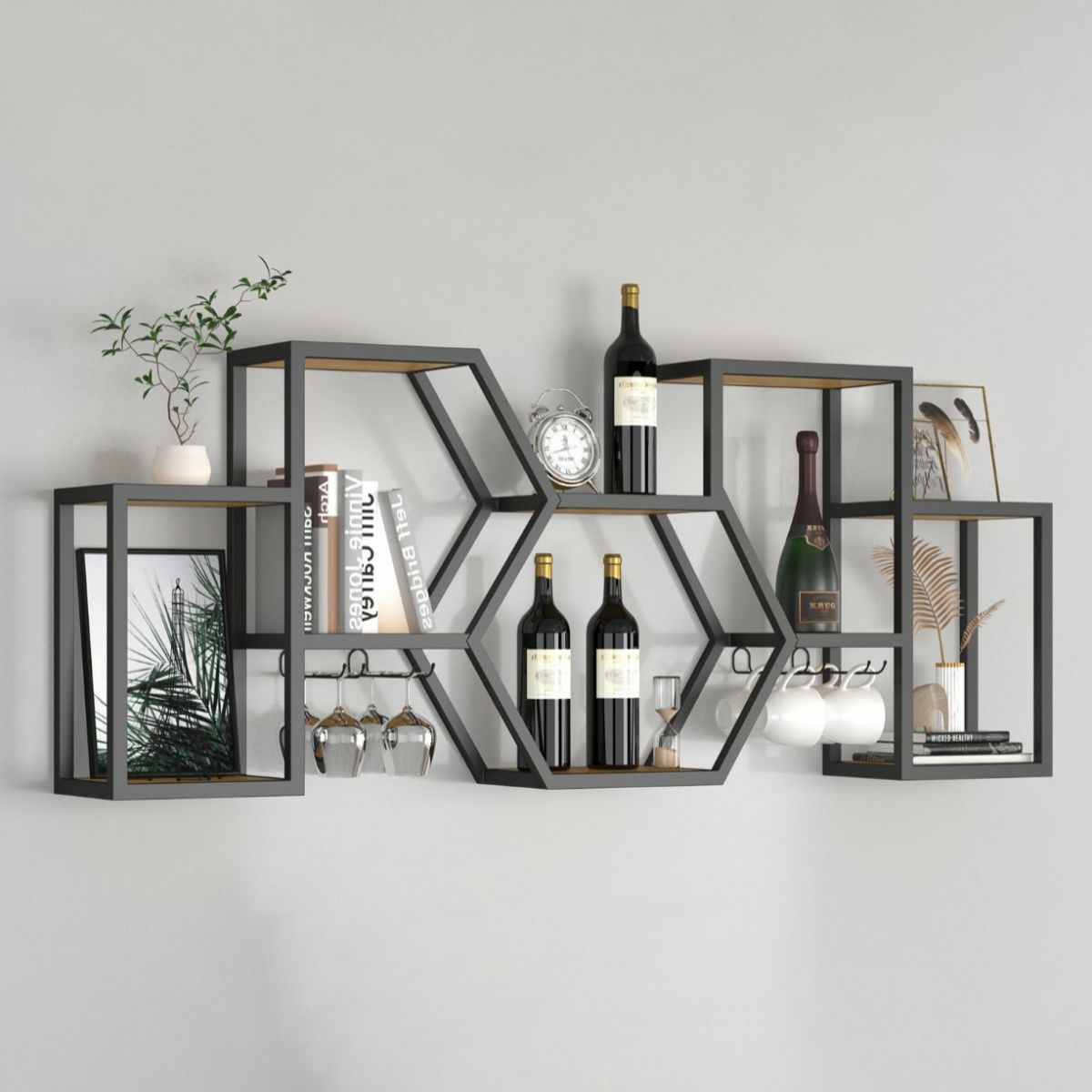 Wall Mounted Wine Rack Modern Metal Wine Bottle & Glass Rack for Dining Room