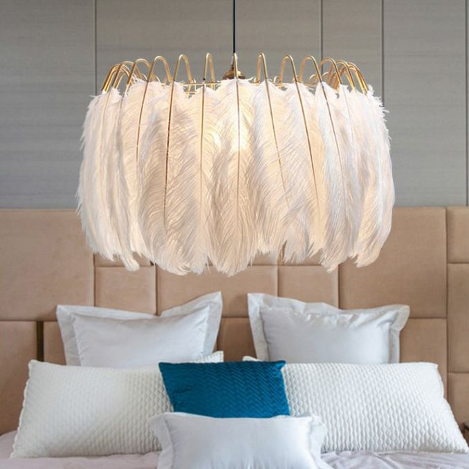 Ostrich Feather Ceiling Chandelier Modern Creative White Hanging Ceiling Light for Girl Bedroom