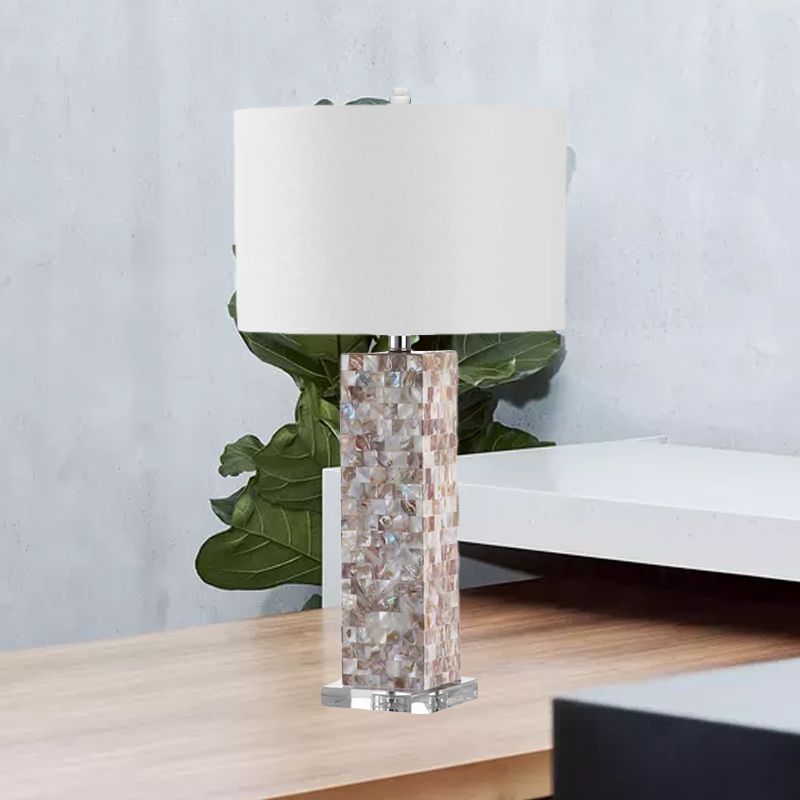 Checkered Rectangle Shell Night Lamp Country Style 1 Head Bedroom Table Light with Shade in White