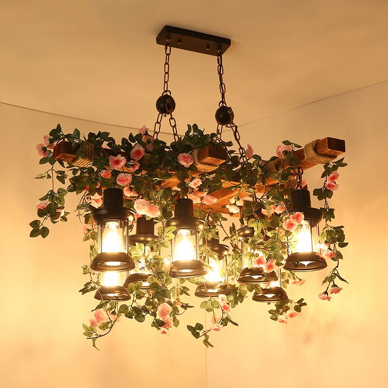 Clear Glass Wood Chandelier Lighting Lantern 8 Heads Farmhouse Ceiling Pendant with Artificial Flower