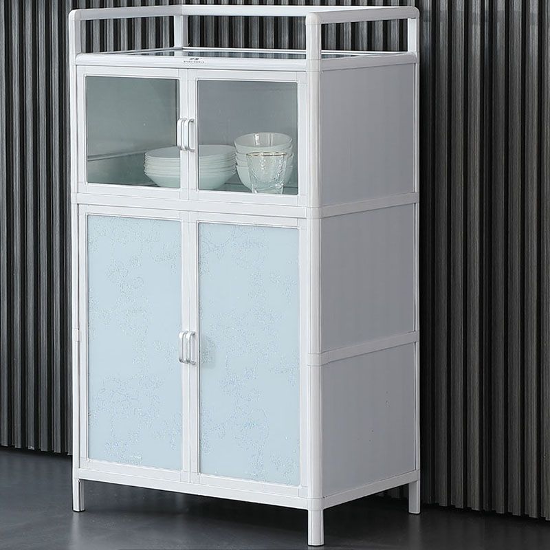 White Kitchen Buffet Stand Modern Metal Glass Doors Open Storage Buffet