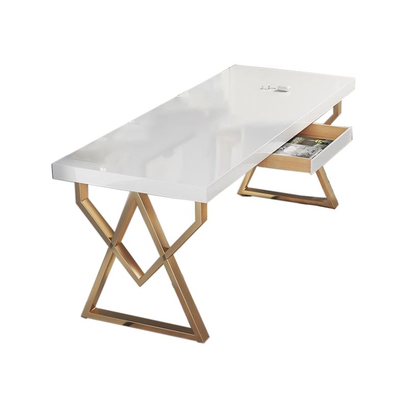 Trestle Glam Office Desk Rectangular White and Gold Writing Desk for Bedroom