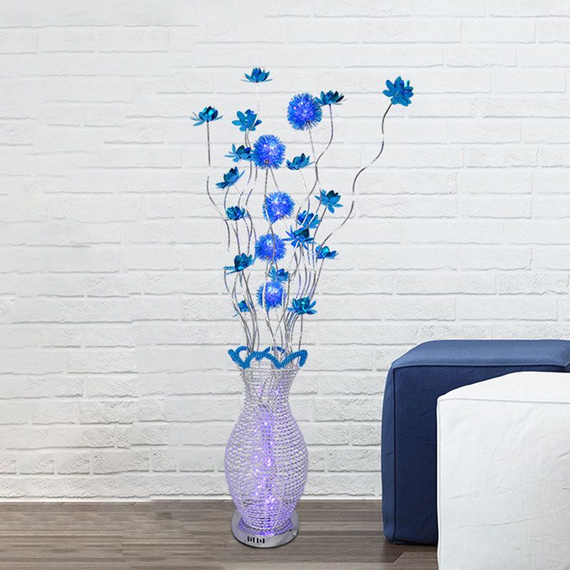 Blue LED Curvy Line Floor Light Art Decor Aluminum Urn Floor Standing Lamp with Floral Decor