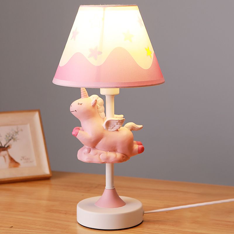 Cartoon 1 Light Table Lighting with Fabric Shade Conical Pink/Blue/Gold Unicorn Nightstand Lamp for Study Room