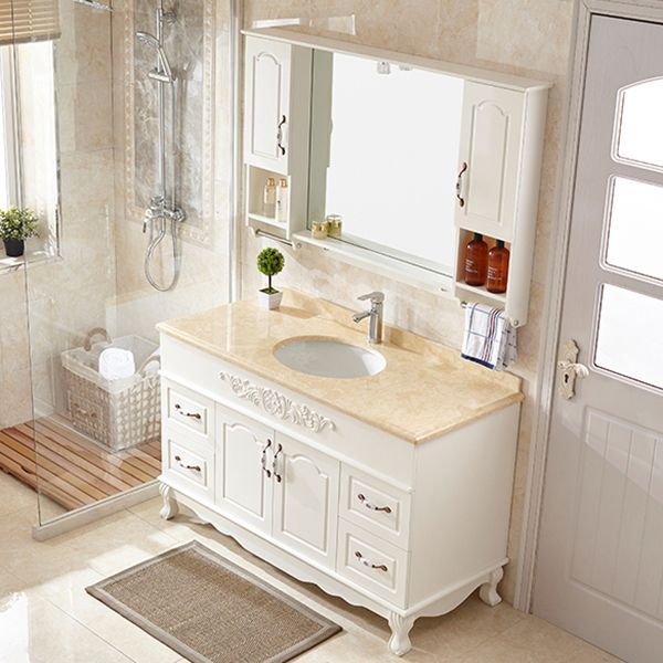 Wood Frame Bathroom Vanity White Freestanding Mirror Drawers Rectangle Vanity with 2 Doors