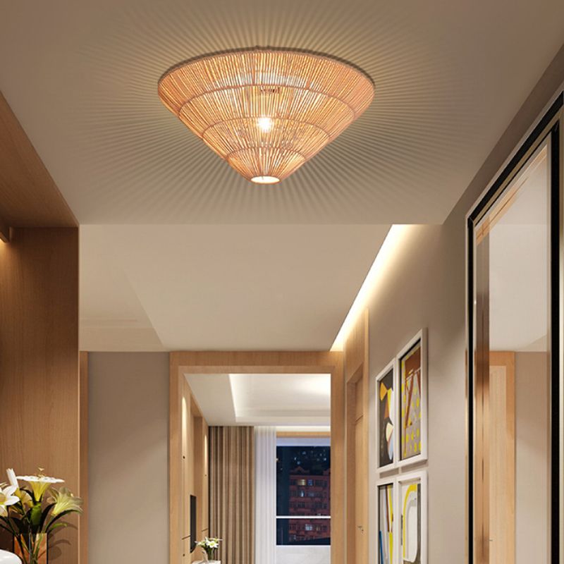 Cone Shape Ceiling Light Fixture Rattan Flush Mount Light for Living Room