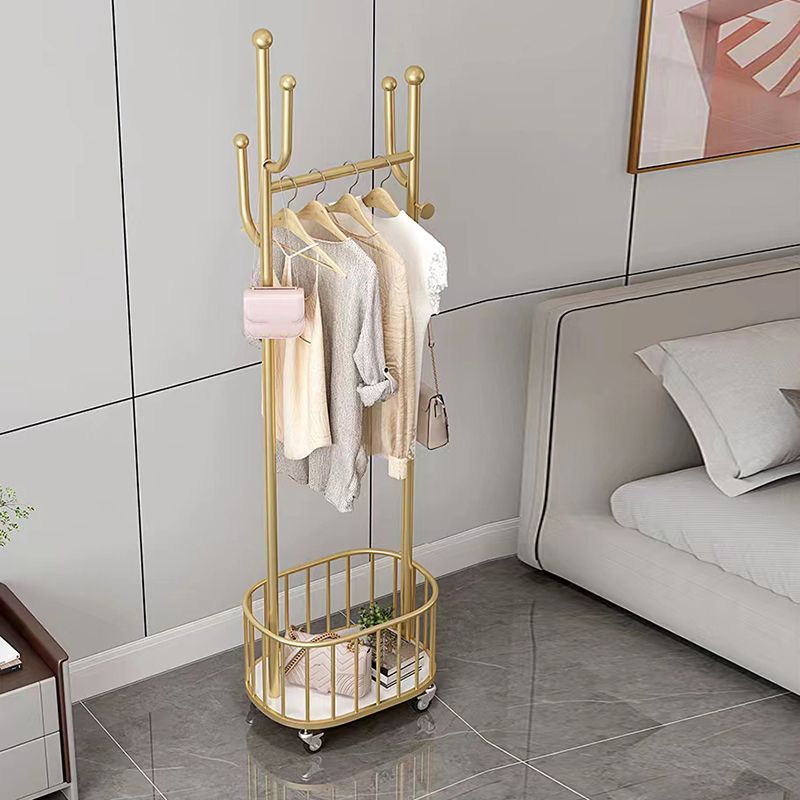 Luxury Metallic Coat Hanger Free Standing Hooks Design Coat Rack with Universal Wheel