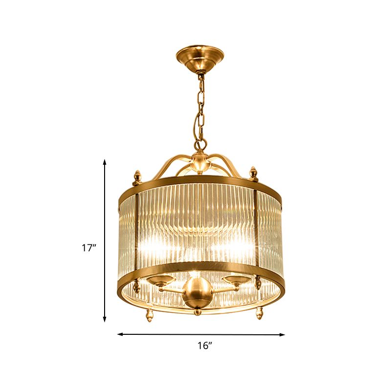 Drum Chandelier Lighting Contemporary Fluted Glass Brass 3/5 Bulbs Hanging Ceiling Light, 16"/19.5"/23.5" Wide