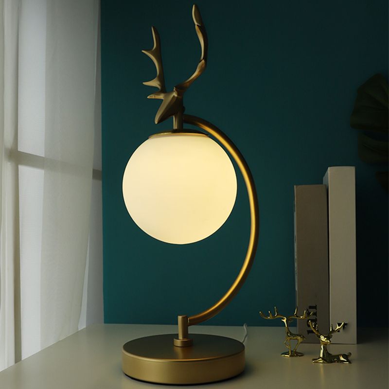 Globe Reading Light Cartoon White Glass 1-Light Black/Gold with Deer Design for Bedroom