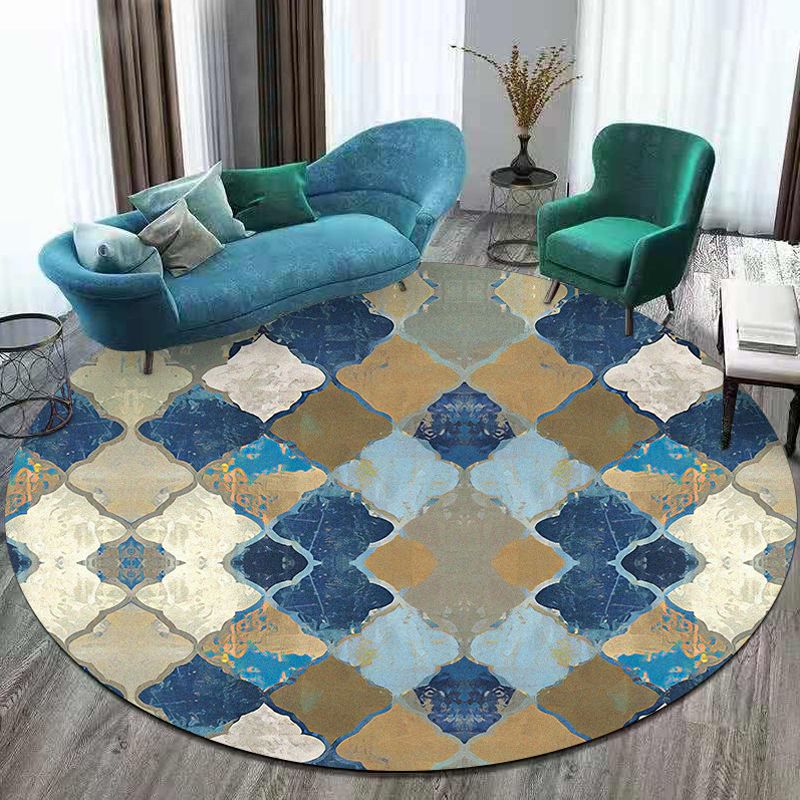 Blue Moroccan Area Rug Polyester Albany Geometric Ogee Pattern Rug Pet Friendly Washable Non-Slip Area Rug for Bedroom