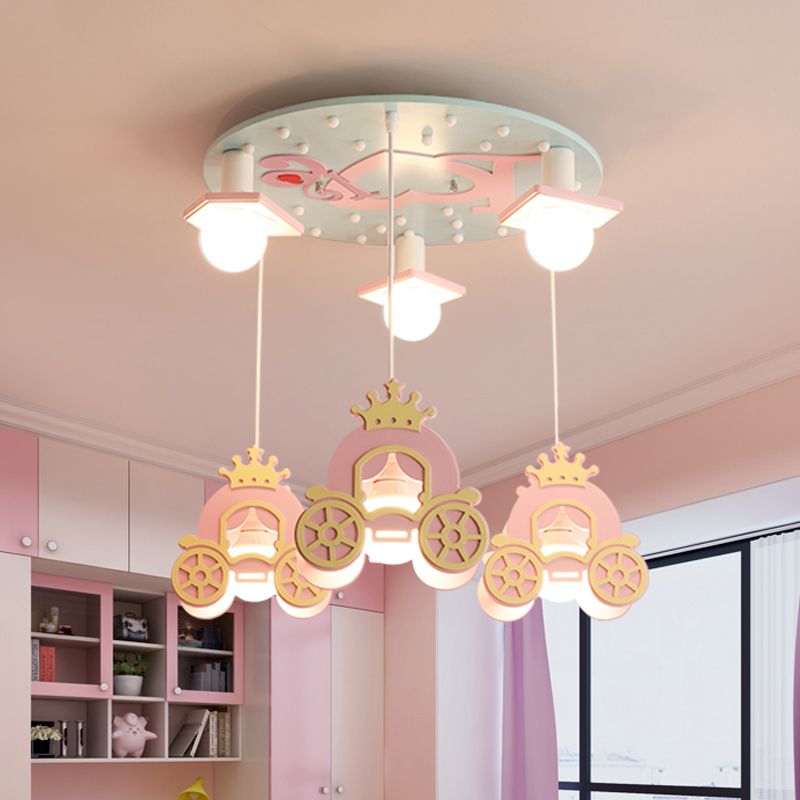 Princess Carriage Ceiling Light Wooden Kids 6 Heads Bedroom Multi Lamp Pendant Light in Pink