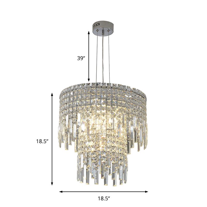 Clear Rectangular-Cut Crystal Tiered Hanging Lamp Modern 4 Lights Silver Chandelier Light