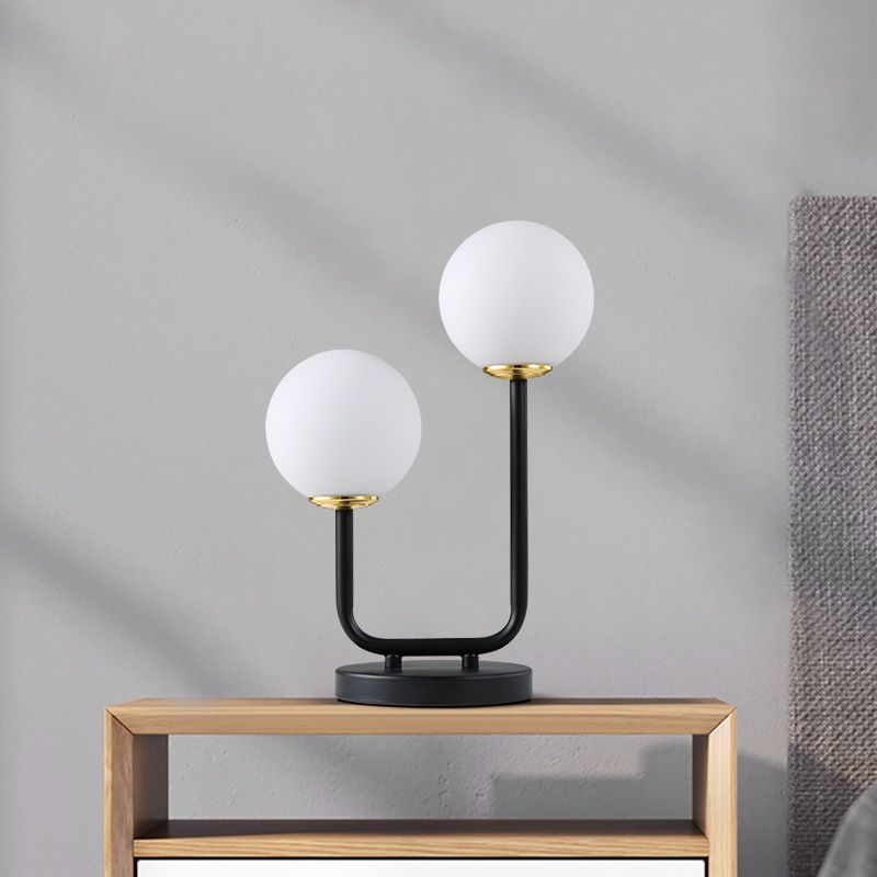 2 Heads Bedroom Table Light Modern Black Small Desk Lamp with Globe Opal Glass Shade