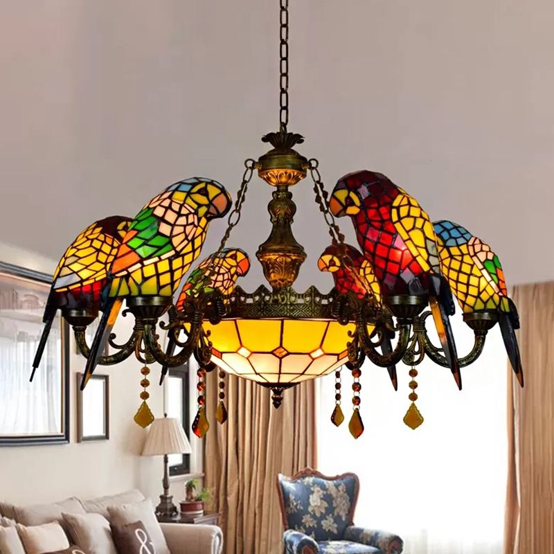 Dining Room Chandeliers Bronze, 9 Lights Tiffany Stained Glass Ceiling Light with Parrots Shade and Amber Crystal Decoration