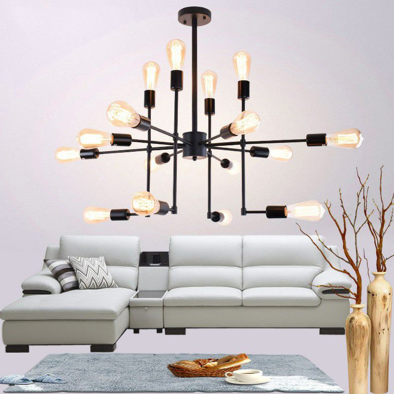 16 Bulbs 4-Sided Chandelier Industrial Style Black Metal Ceiling Hang Light for Living Room