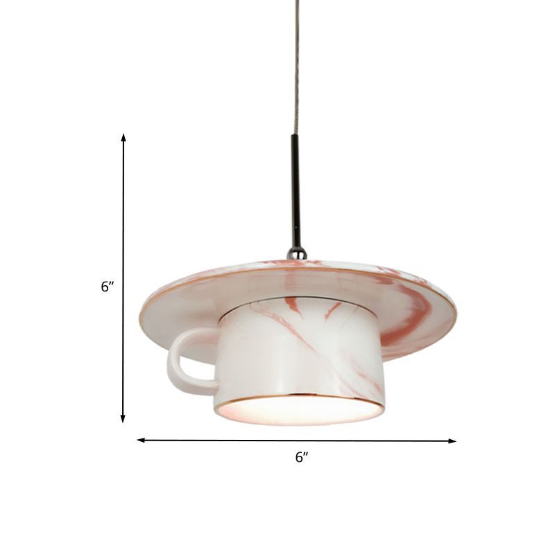 Pink Coffee Cup Pendant Ceiling Light Nordic 1-Bulb Ceramics LED Suspension Lamp for Restaurant