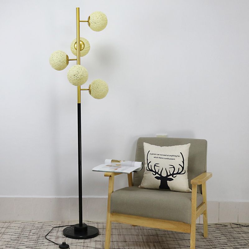 Black-Gold Tree Floor Light Simplicity 5-Bulb Metal Standing Up Lamp with Beige/Milk White Glass Shade