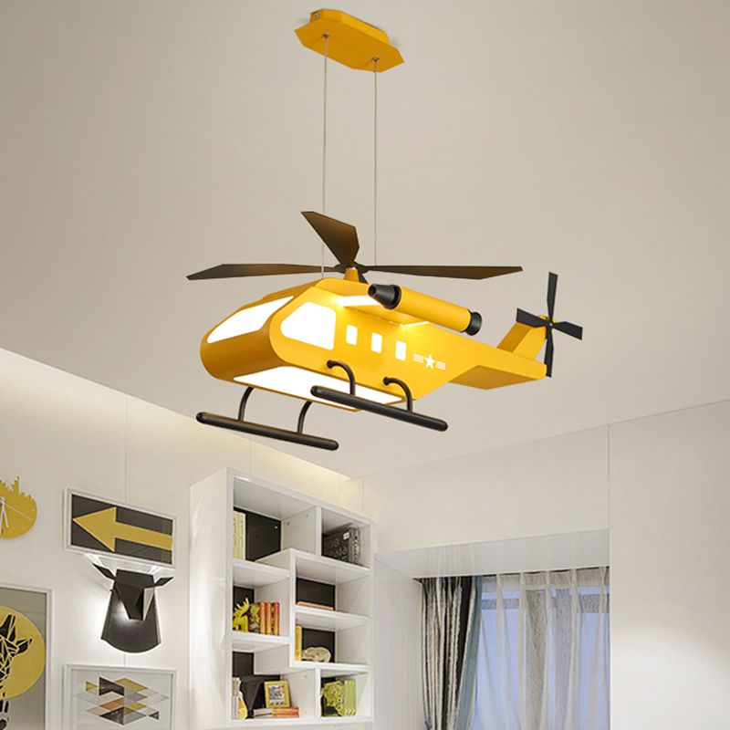 Cartoon LED Pendant Lighting with Metal Shade Yellow/Green Helicopter Hanging Lamp kit for Boys Room