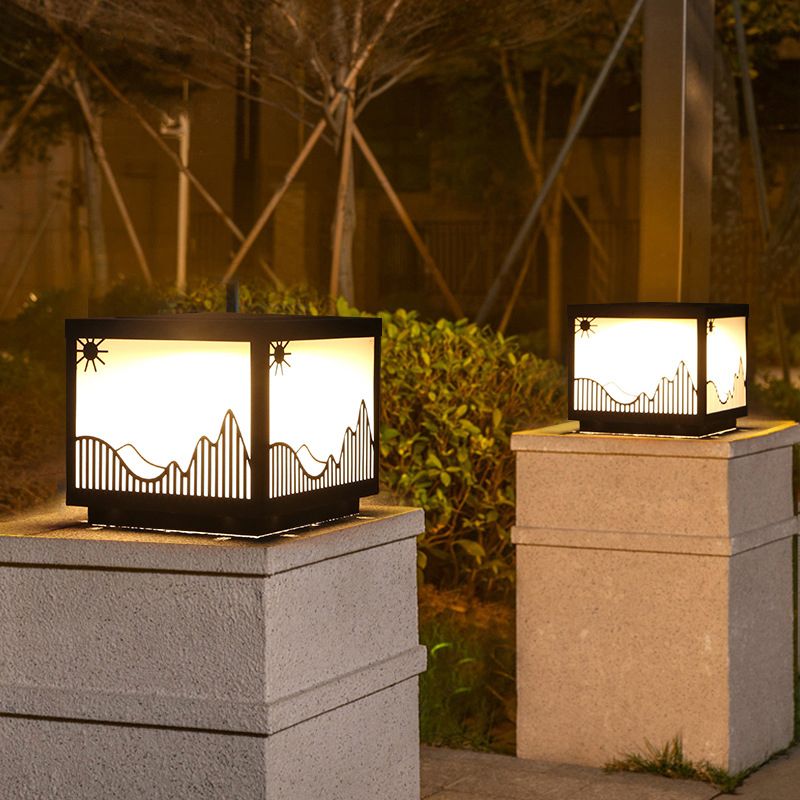 Square Shape Metal Pillar Lamp Modern Style 1 Light Outdoor Light in Black