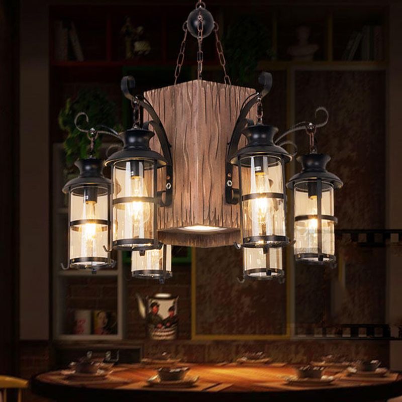 Wood Shaded Ceiling Hung Fixture Industrial Style Restaurant Ceiling Chandelier in Black