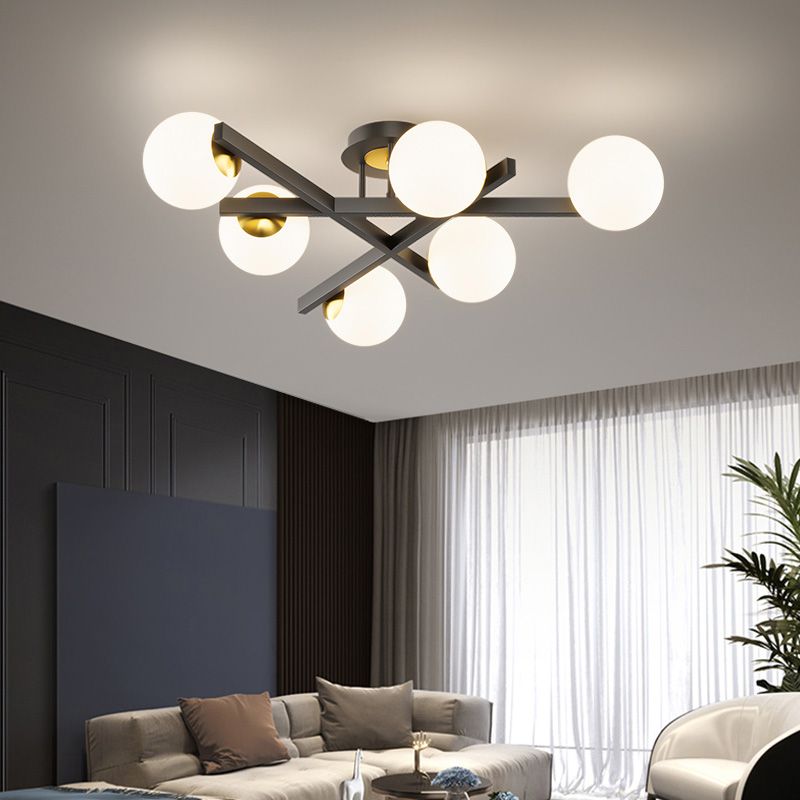 Round-Shape Semi Flush Mount Light Fixture Glass White Semi Flush Chandelier for Bedroom