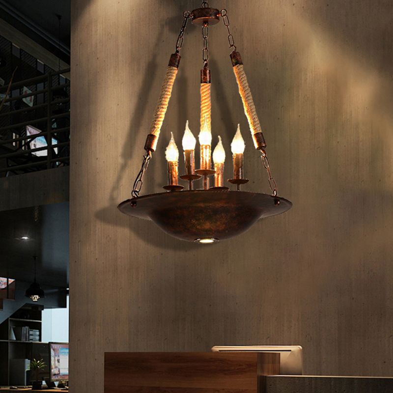 5-Light Metal Hanging Chandelier Industrial Rust Candle Dining Room Pendant Light Fixture with Rope Chain