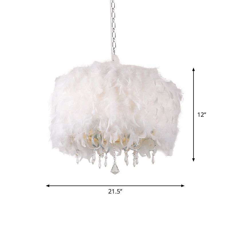 5 Lights Dining Room Chandelier Nordic White Hanging Pendant with Drum Feather Shade and Teardrop Crystal