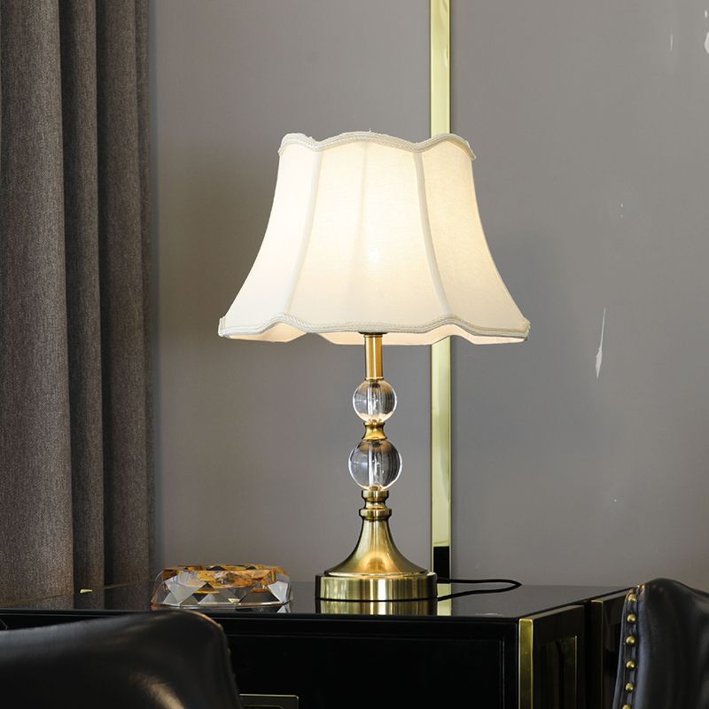 1-Light Living Room Night Lamp Modernism White Crystal Nightstand Light with Bell Fabric Shade