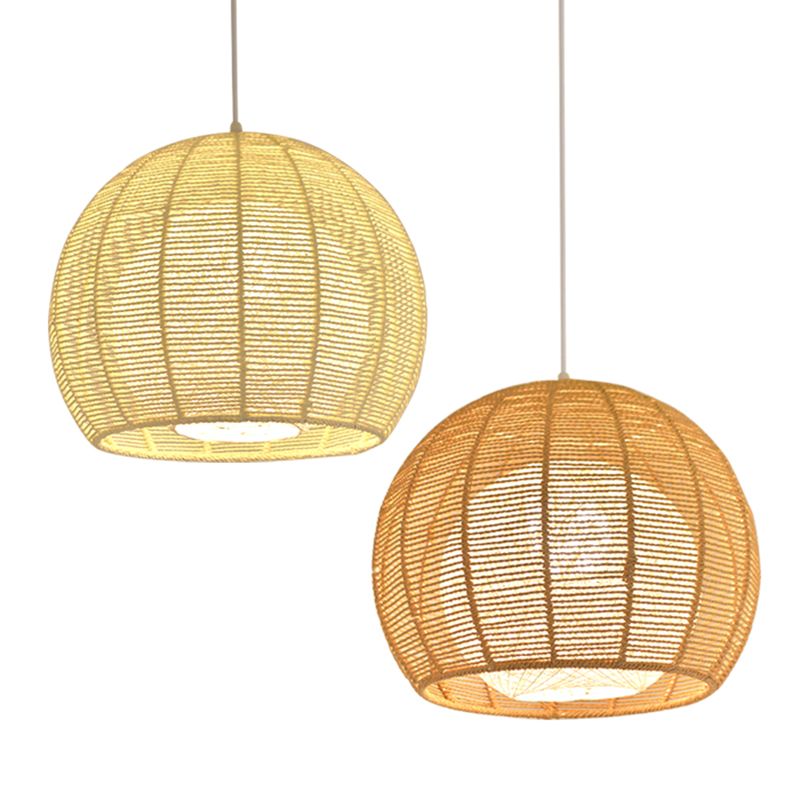 Double Rattan Shade Pendant Lamp Japanese Simplicity Single Light Hanging Ceiling Light in Beige/Coffee