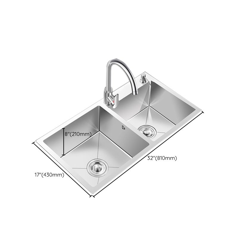 Double Basin Kitchen Sink with Basket Strainer 2 Holes Contemporary Sink