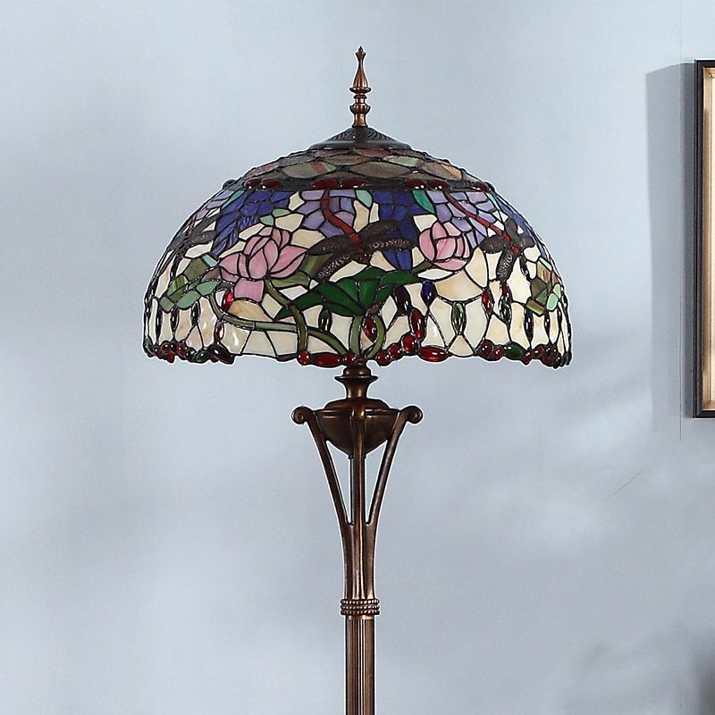 Green Dome Floor Light Vintage 3 Bulbs Stained Glass Pull Chain Standing Light with Floral and Dragonfly Pattern