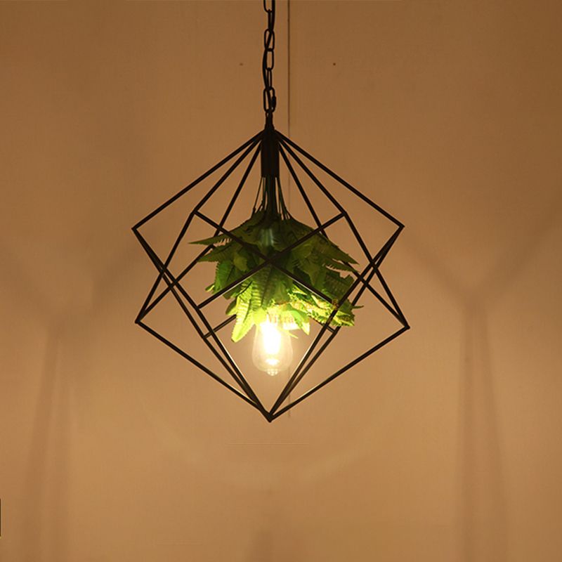 1-bulb diamant kooi plafond hanger lichtboerderij zwarte afwerking metallic hangende lampkit met groen planten deco