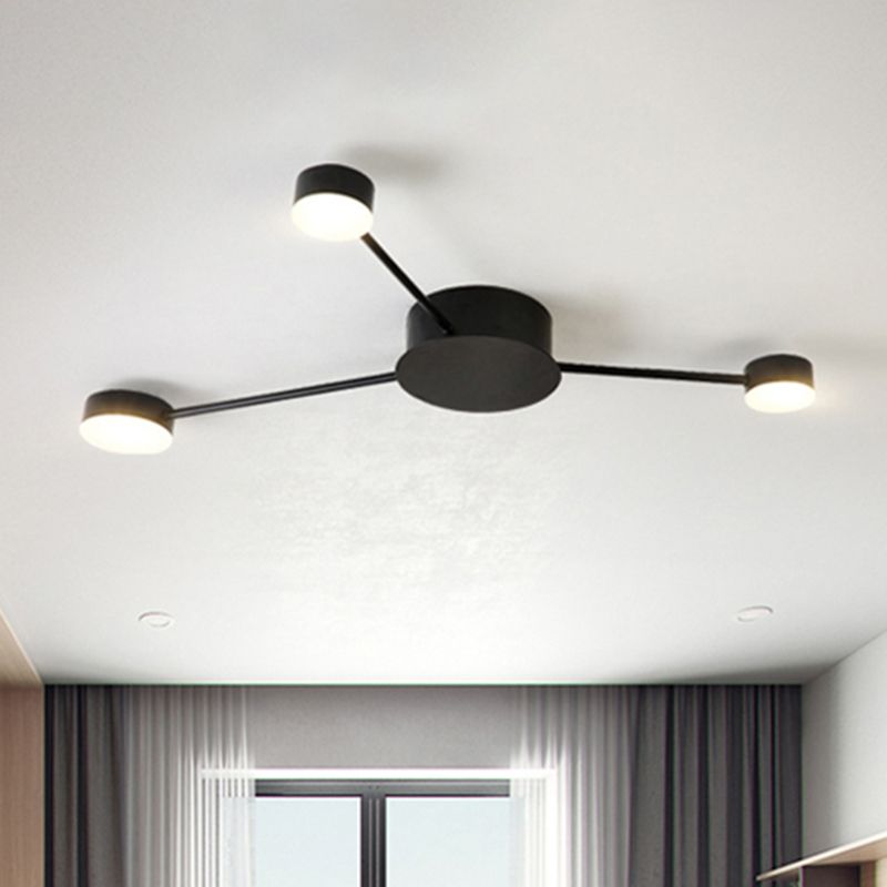 Linear Child Bedroom Semi Flush Ceiling Light with Drum Shade Metal Modern Ceiling Lamp in Black