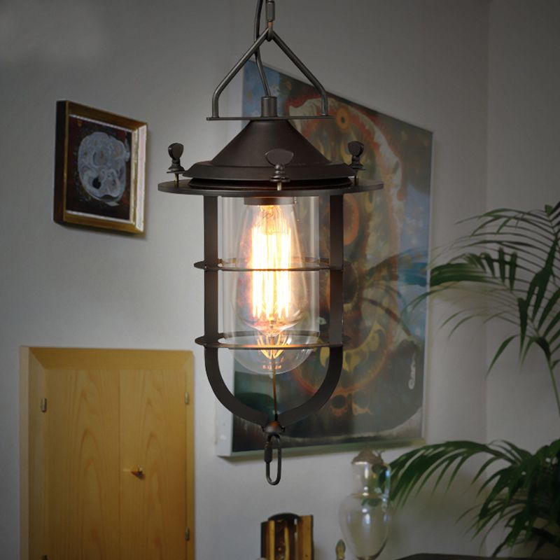 Single-Bulb Clear Glass Pendant Light Vintage Black Capsule Dining Room Pendulum Light with Cage