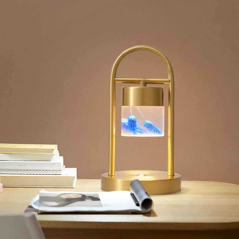 Gold Column Table Lamp Simplicity Clear Glass LED Desk Light with U-Shaped Metal Frame