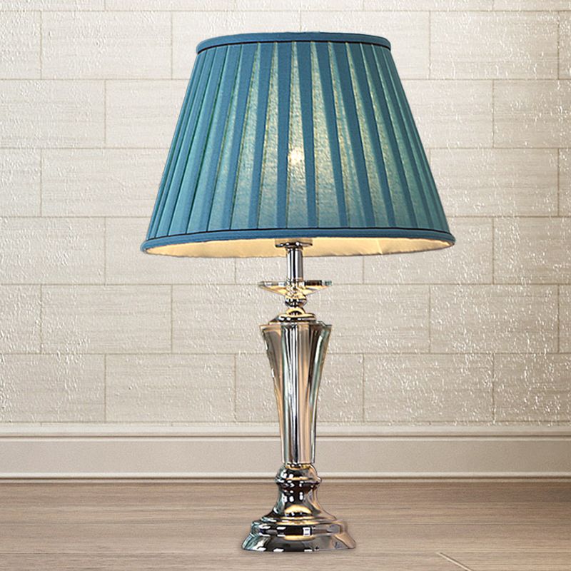 Fabric Blue/White Nightstand Lamp Pleated/Scalloped Shade 1 Head Traditional Crystal Table Light for Bedchamber