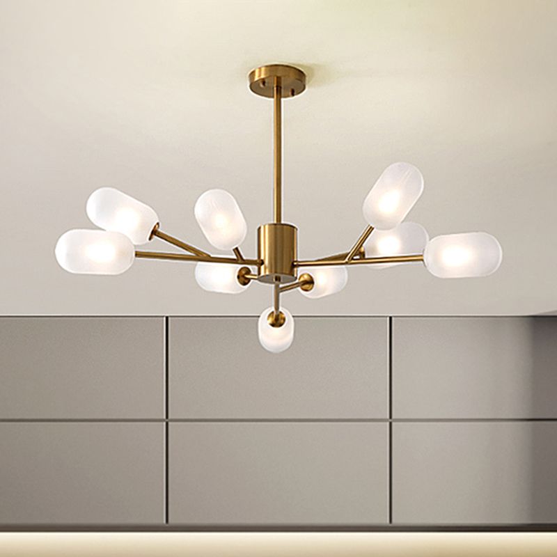 Contemporary Capsule Hanging Lighting Milk Frosted Glass 9 Bulbs Bedroom LED Chandelier Lamp in Gold