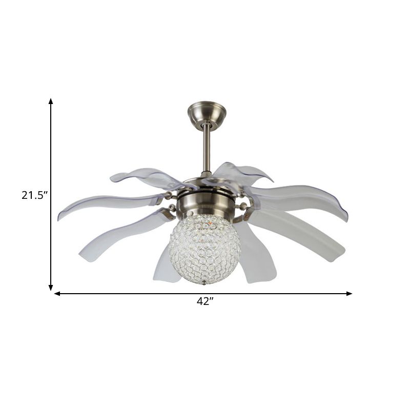 White Sphere Semi Flush Modern Clear Crystal Balls Embedded Parlor LED Hanging Fan Light with 8 Blades, 42" Wide