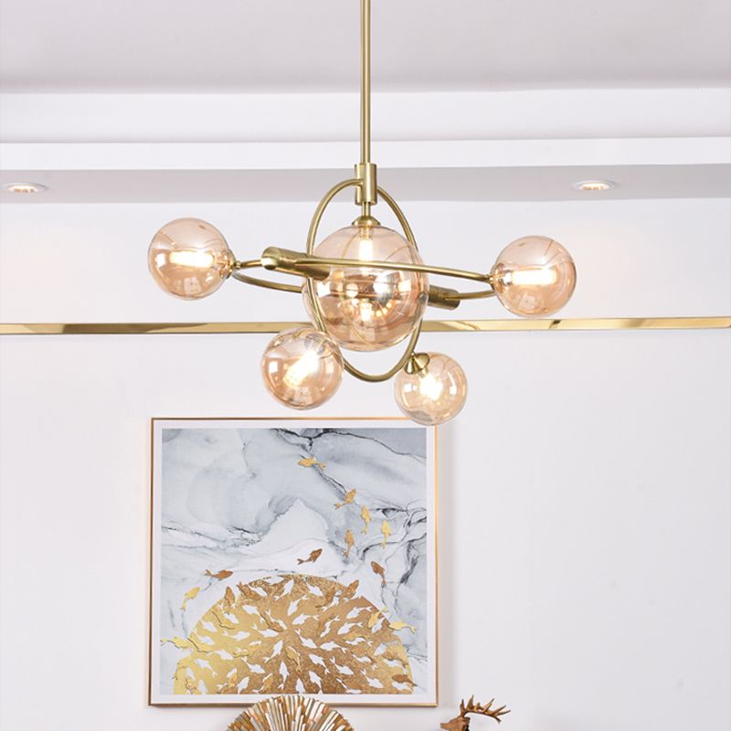 Gold Concentric Ring Pendant Light with Sphere Shade Amber/Clear/Smoke Glass Contemporary Chandelier for Living Room