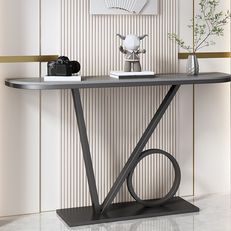 Stone Half Moon Top Console Table with Iron Pedestal Base Accent Table