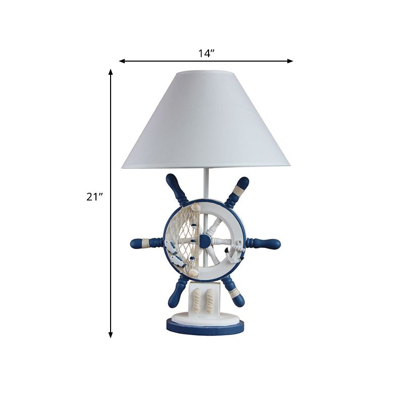 Wood Rudder Shape Night Table Light Mediterranean Style Single Blue Night Lamp with Cone Fabric Shade