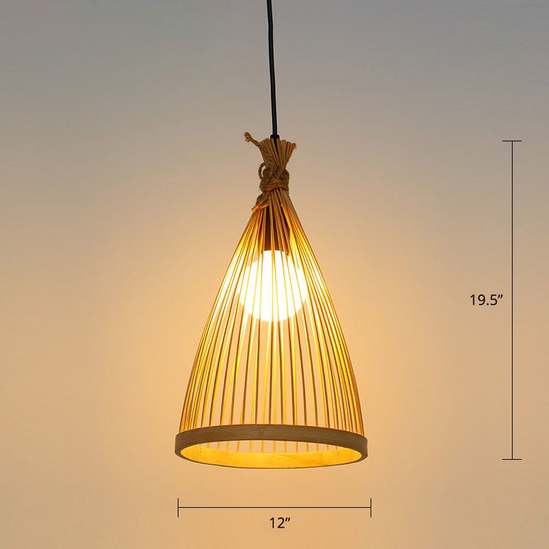 Conical Restaurant Drop Pendant Bamboo 1 Head Minimalist Hanging Ceiling Light with Cage Design